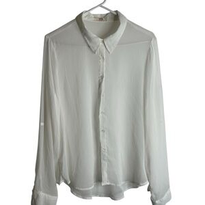 L.E.I. Women’s XL Adjustable Sleeve Blouse Semi Sheer White Y2K 90s 4707